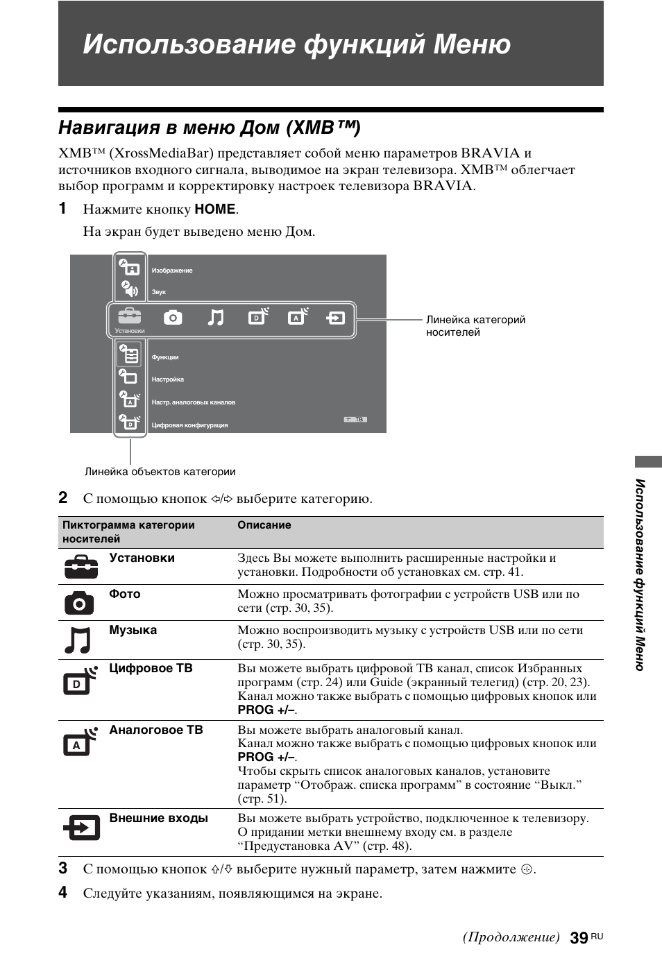 Использование функций меню, Навигация в меню дом (xmb™) | Sony KDL-40W4710 User Manual | Page 151 / 179