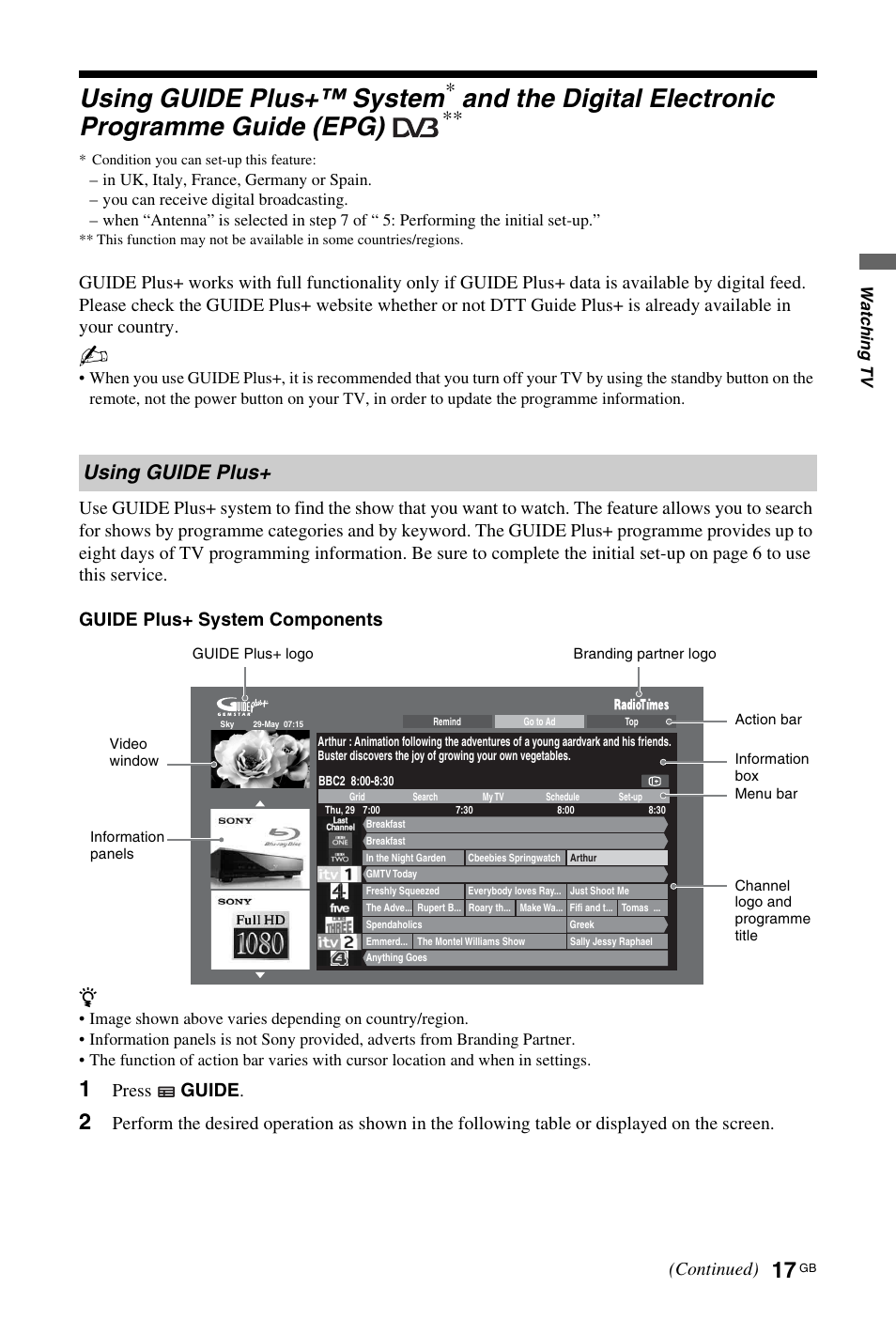 Using guide plus+™ system, And the digital electronic programme guide (epg), Using guide plus | Press guide, Continued) | Sony KDL-40W4710 User Manual | Page 17 / 179