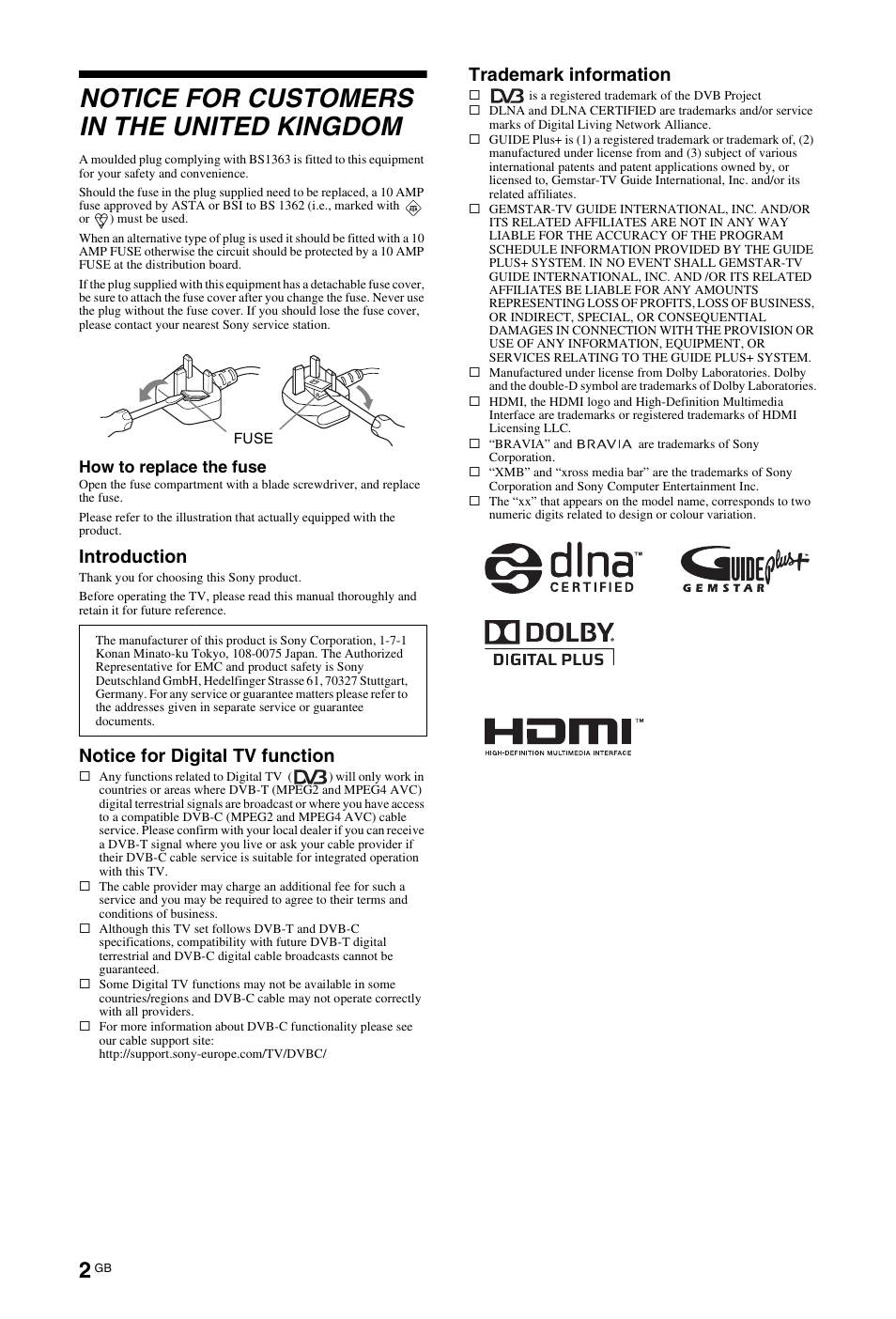 Notice for customers in the united kingdom, Introduction, Notice for digital tv function | Trademark information | Sony KDL-40W4710 User Manual | Page 2 / 179