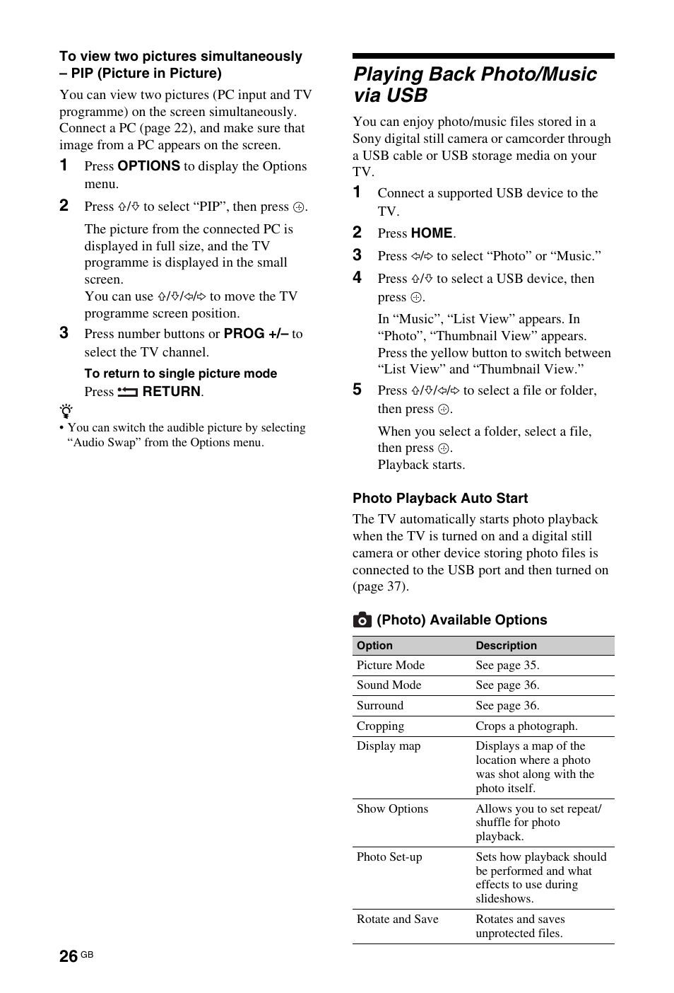 Playing back photo/music via usb | Sony KDL-40W4710 User Manual | Page 26 / 179