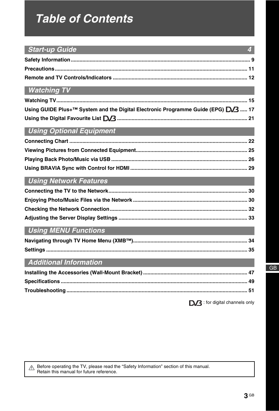 Sony KDL-40W4710 User Manual | Page 3 / 179