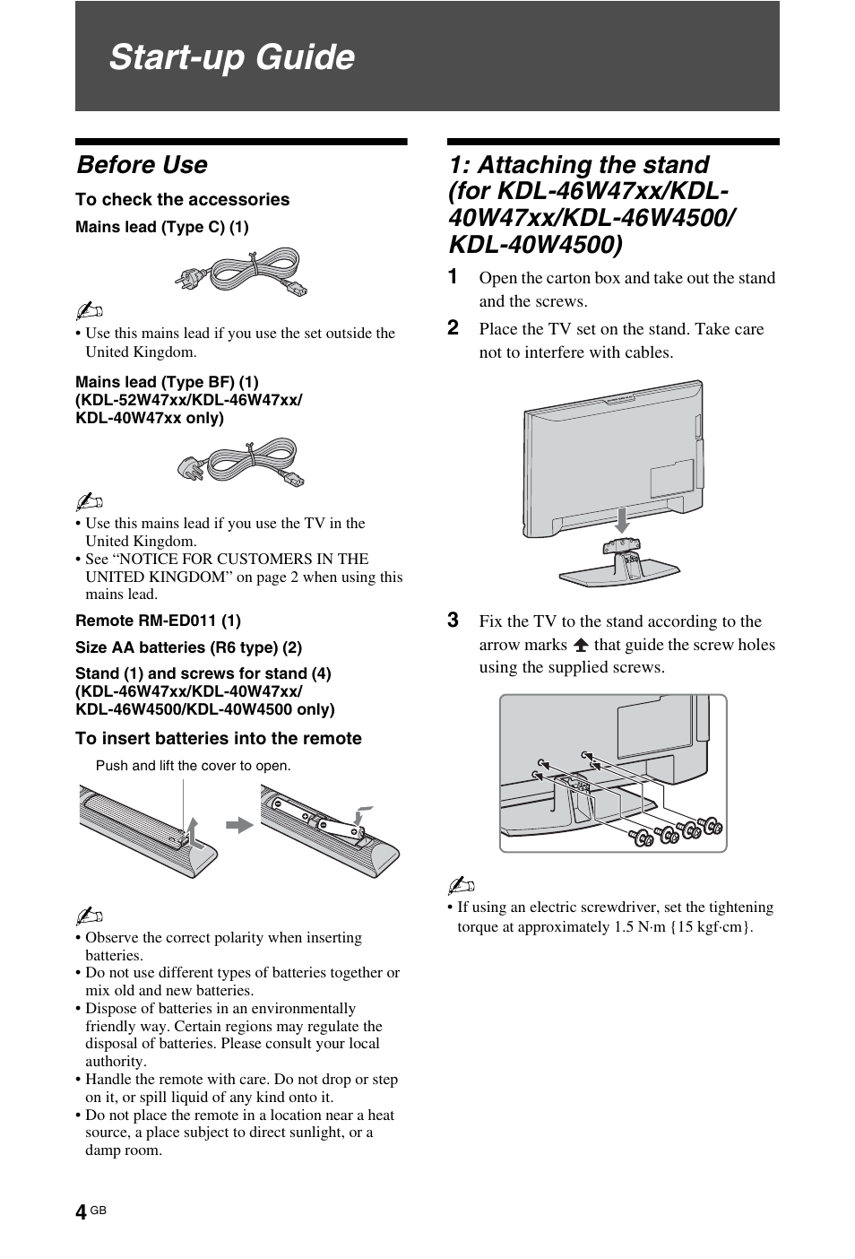 Start-up guide, Before use | Sony KDL-40W4710 User Manual | Page 4 / 179