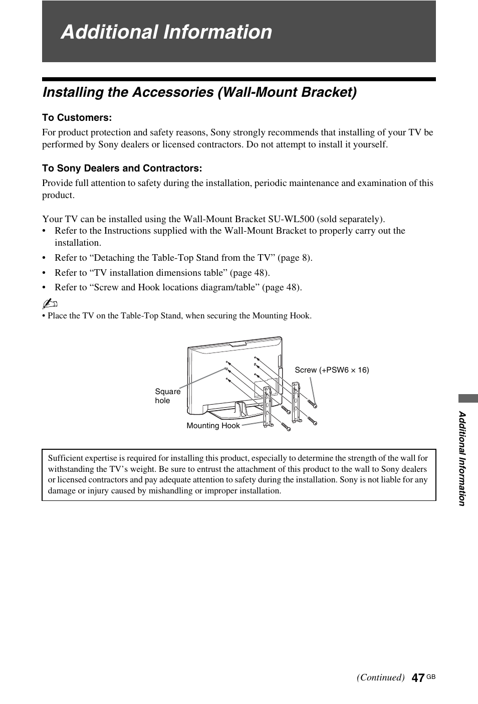 Additional information, Installing the accessories (wall-mount bracket) | Sony KDL-40W4710 User Manual | Page 47 / 179