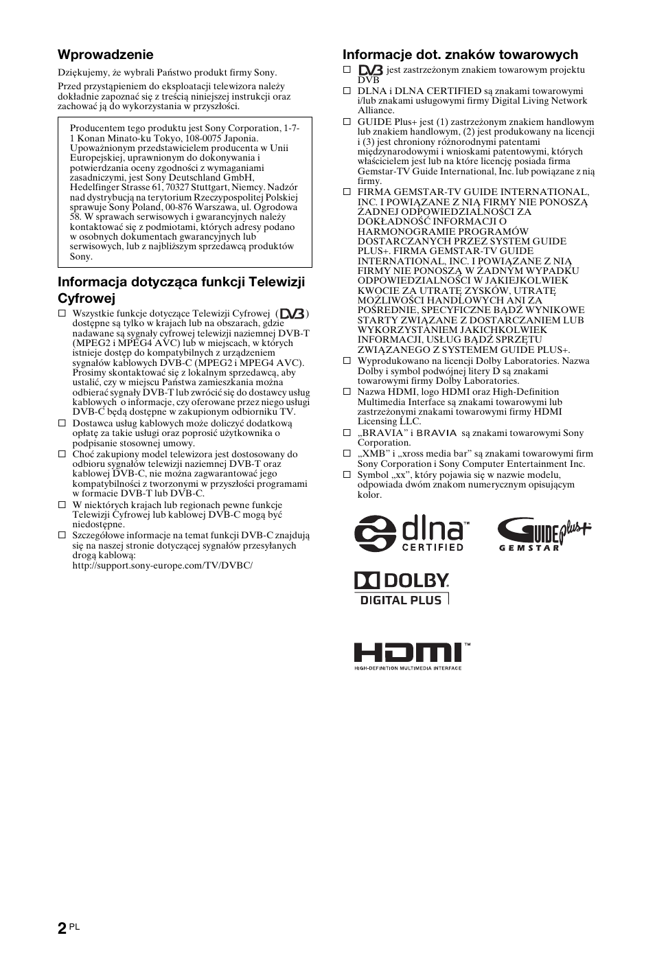 Wprowadzenie, Informacja dotycząca funkcji telewizji cyfrowej, Informacje dot. znaków towarowych | Sony KDL-40W4710 User Manual | Page 54 / 179
