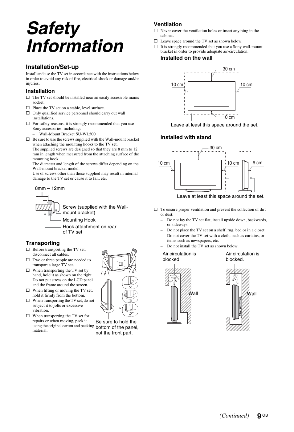 Safety information, Installation/set-up, Continued) | Sony KDL-40W4710 User Manual | Page 9 / 179