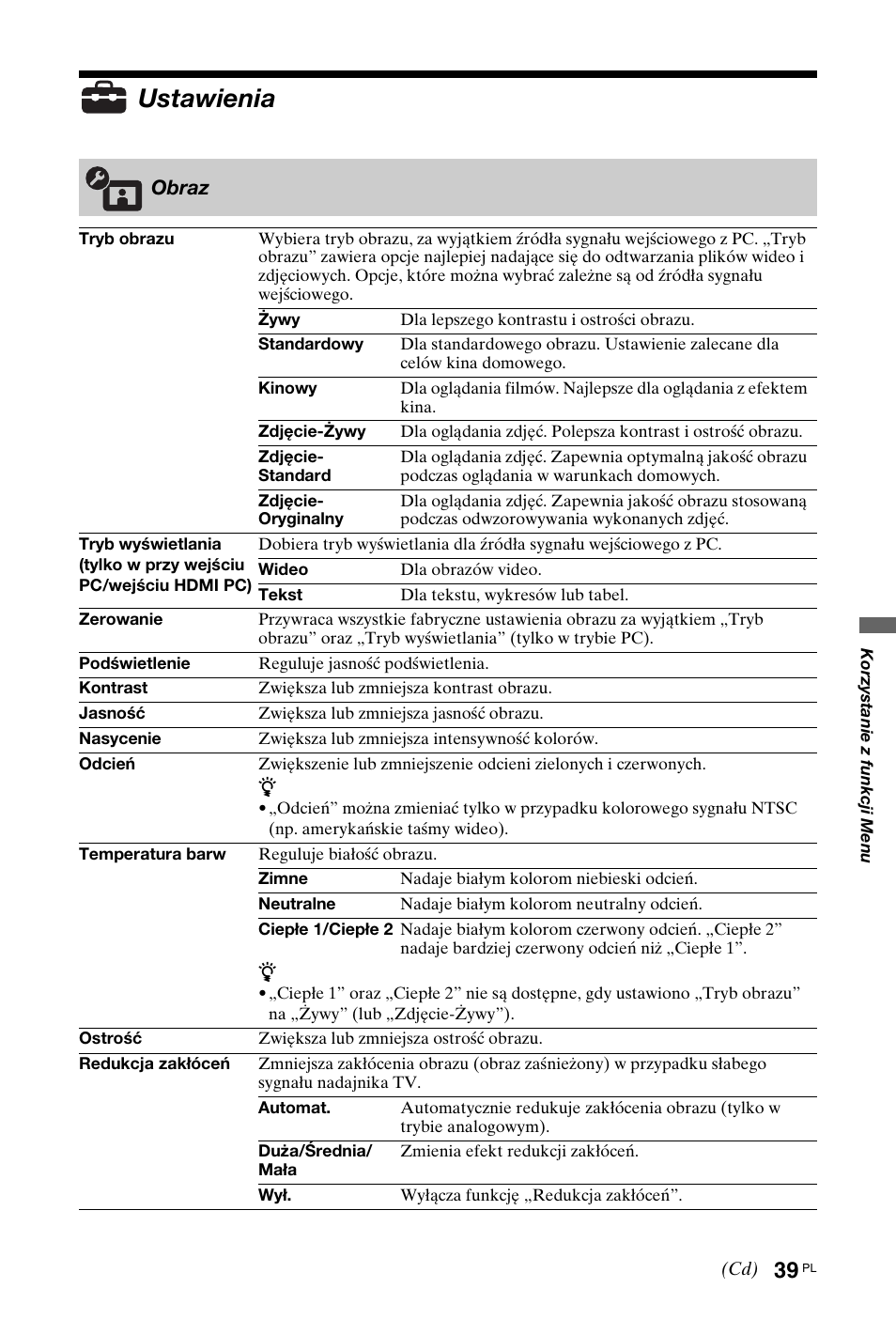 Ustawienia, Obraz | Sony KDL-40W4710 User Manual | Page 91 / 179