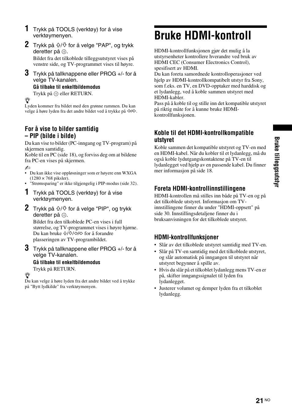 Bruke hdmi-kontroll, Se side 21 | Sony KDL-46D3550 User Manual | Page 103 / 300