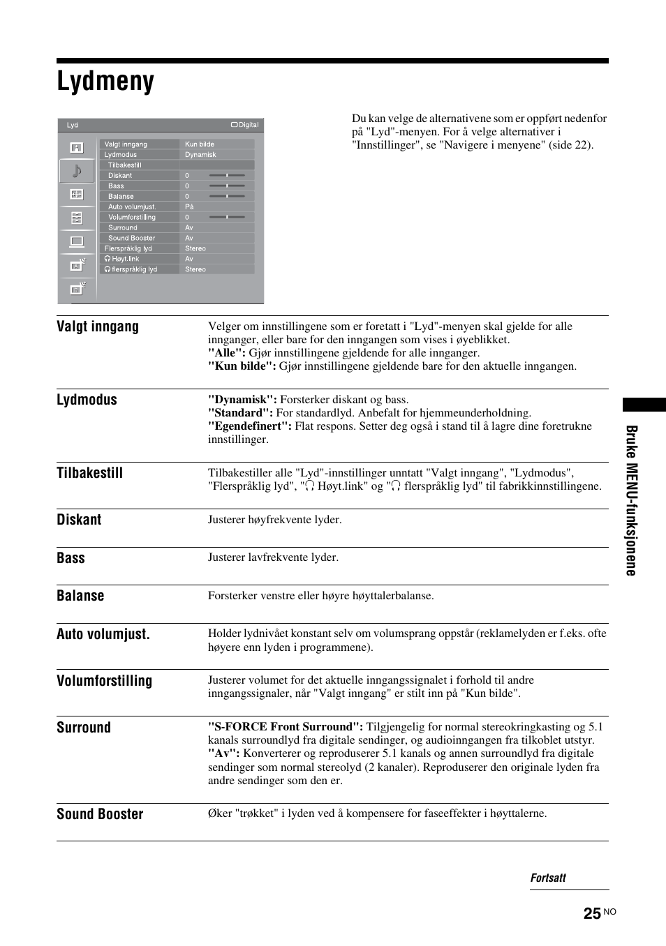 Lydmeny, Se side 25 | Sony KDL-46D3550 User Manual | Page 107 / 300