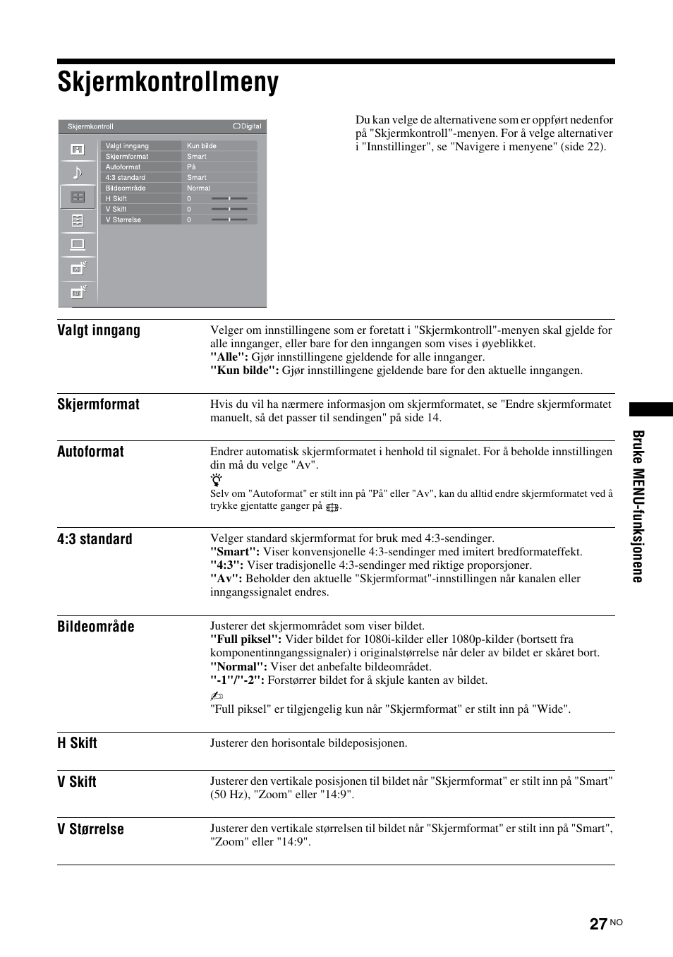 Skjermkontrollmeny, Side 27) | Sony KDL-46D3550 User Manual | Page 109 / 300