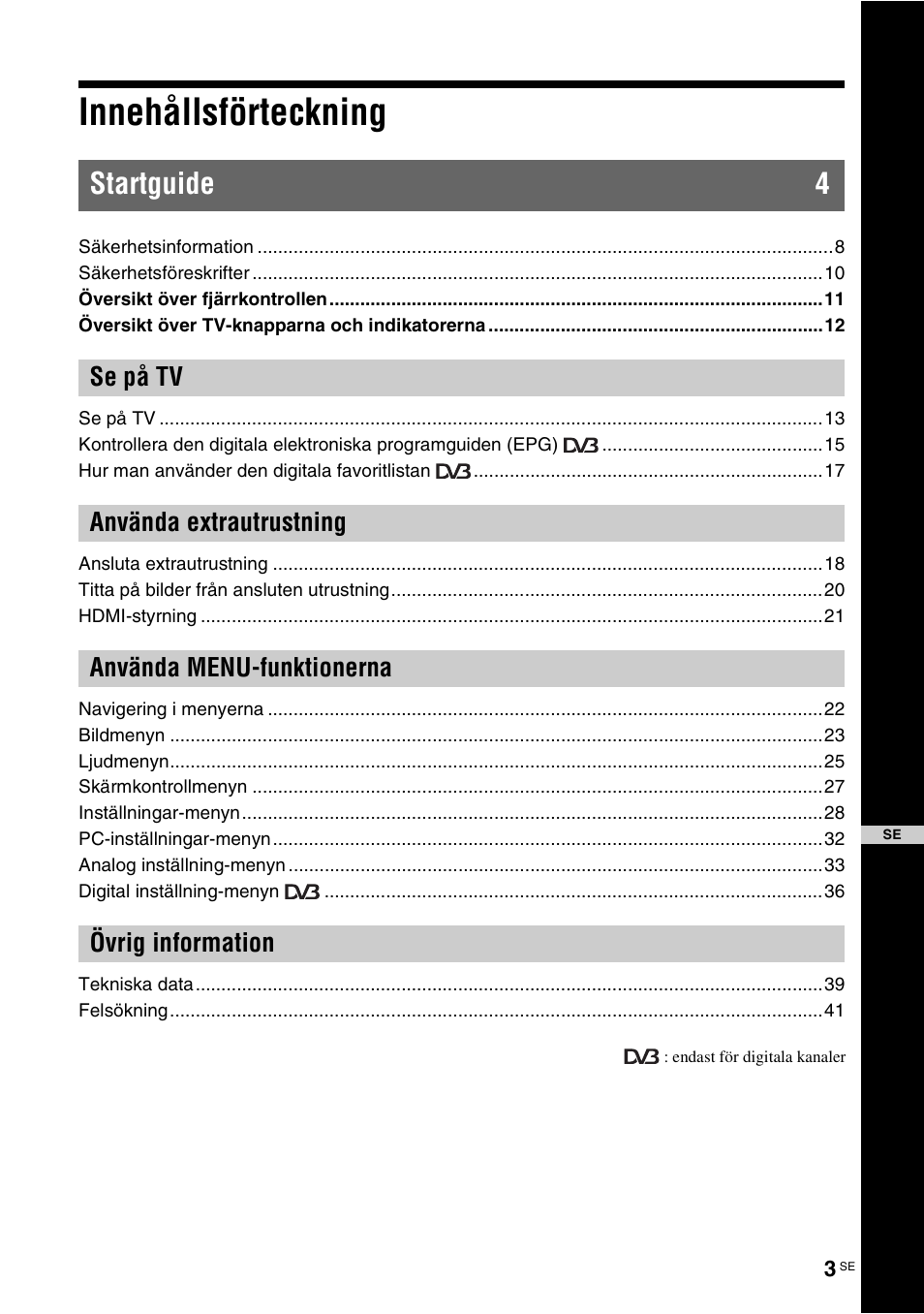 Innehållsförteckning, Startguide 4 | Sony KDL-46D3550 User Manual | Page 127 / 300