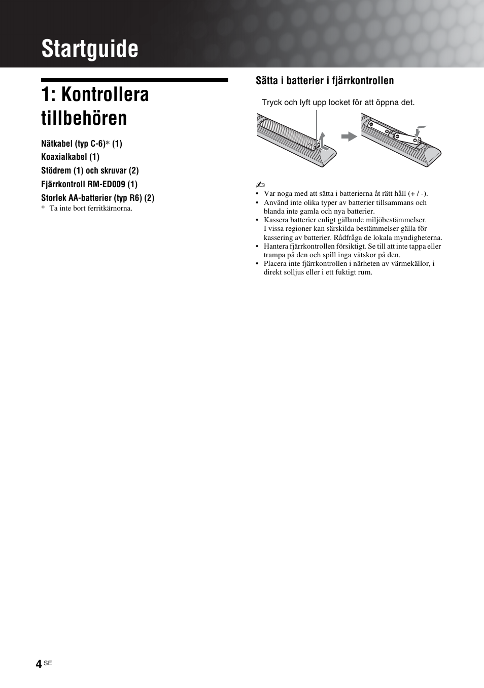 Startguide, Kontrollera tillbehören | Sony KDL-46D3550 User Manual | Page 128 / 300