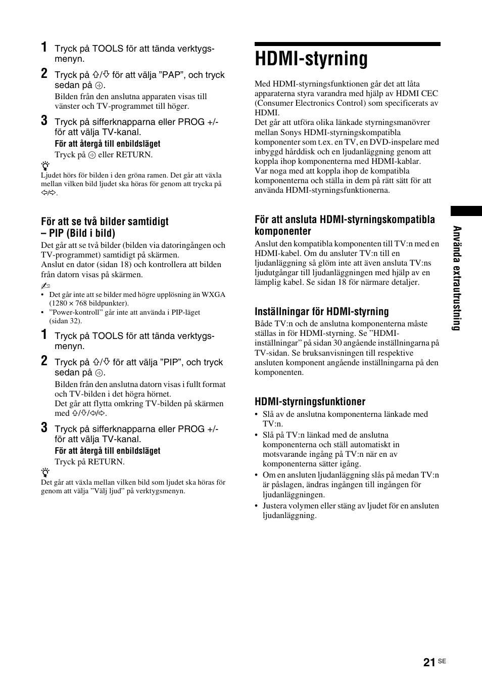 Hdmi-styrning, Se sidan 21 | Sony KDL-46D3550 User Manual | Page 145 / 300