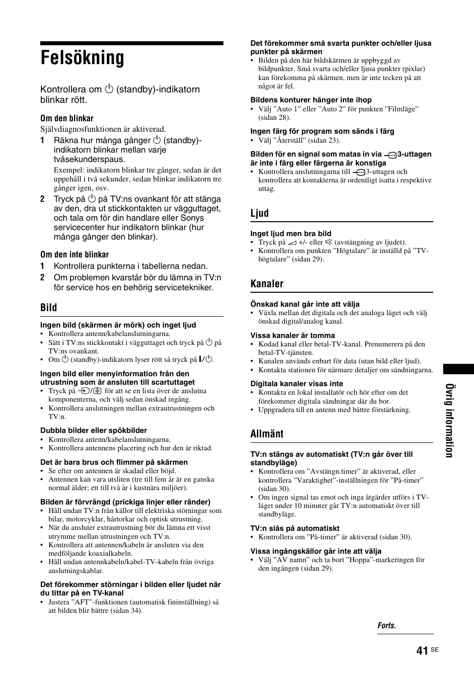 Felsökning, Bild, Ljud | Kanaler, Allmänt | Sony KDL-46D3550 User Manual | Page 165 / 300