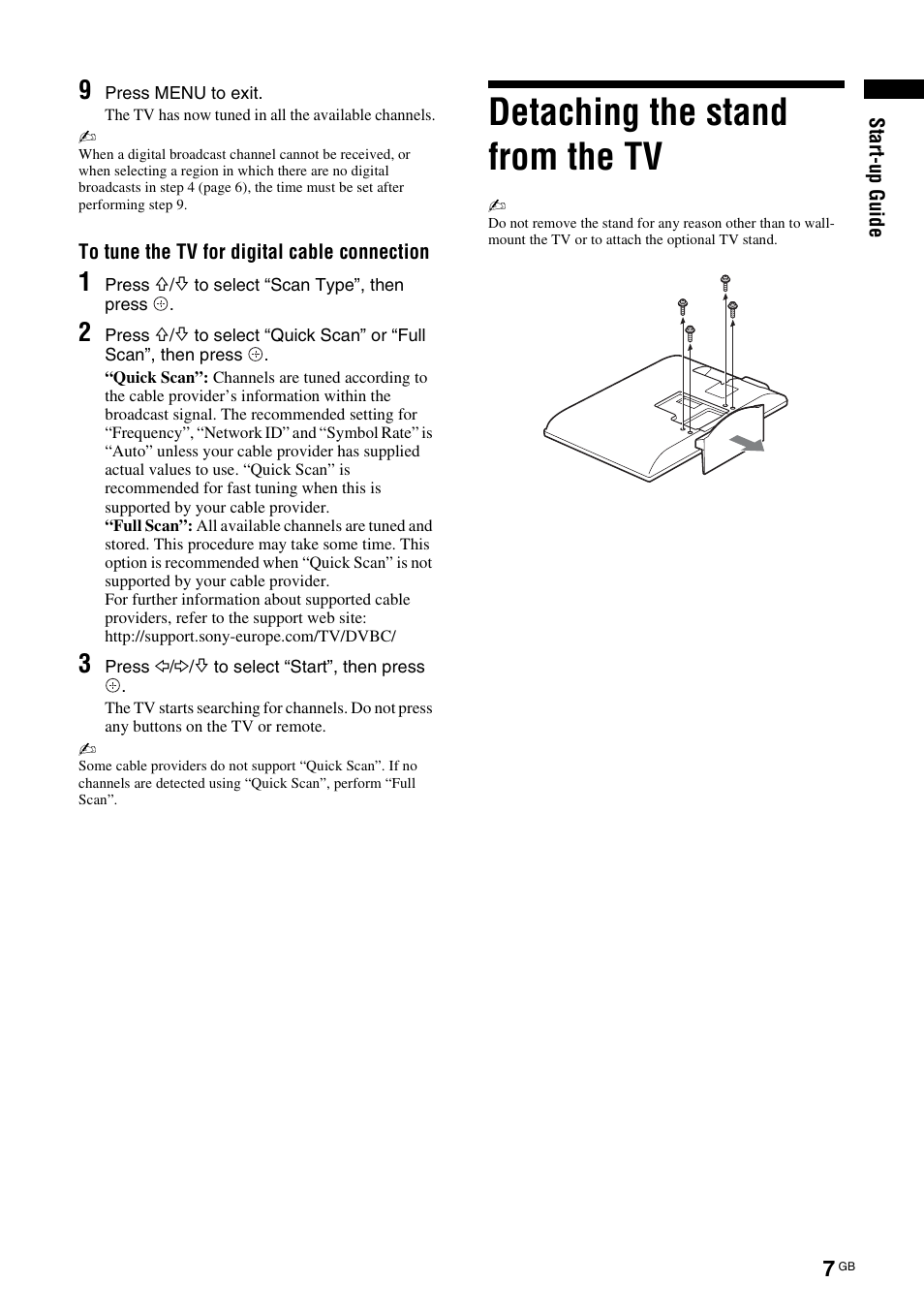 E “to tune the tv for digital cable connection” o, Ge 7, Detaching the stand from the tv | Sony KDL-46D3550 User Manual | Page 173 / 300