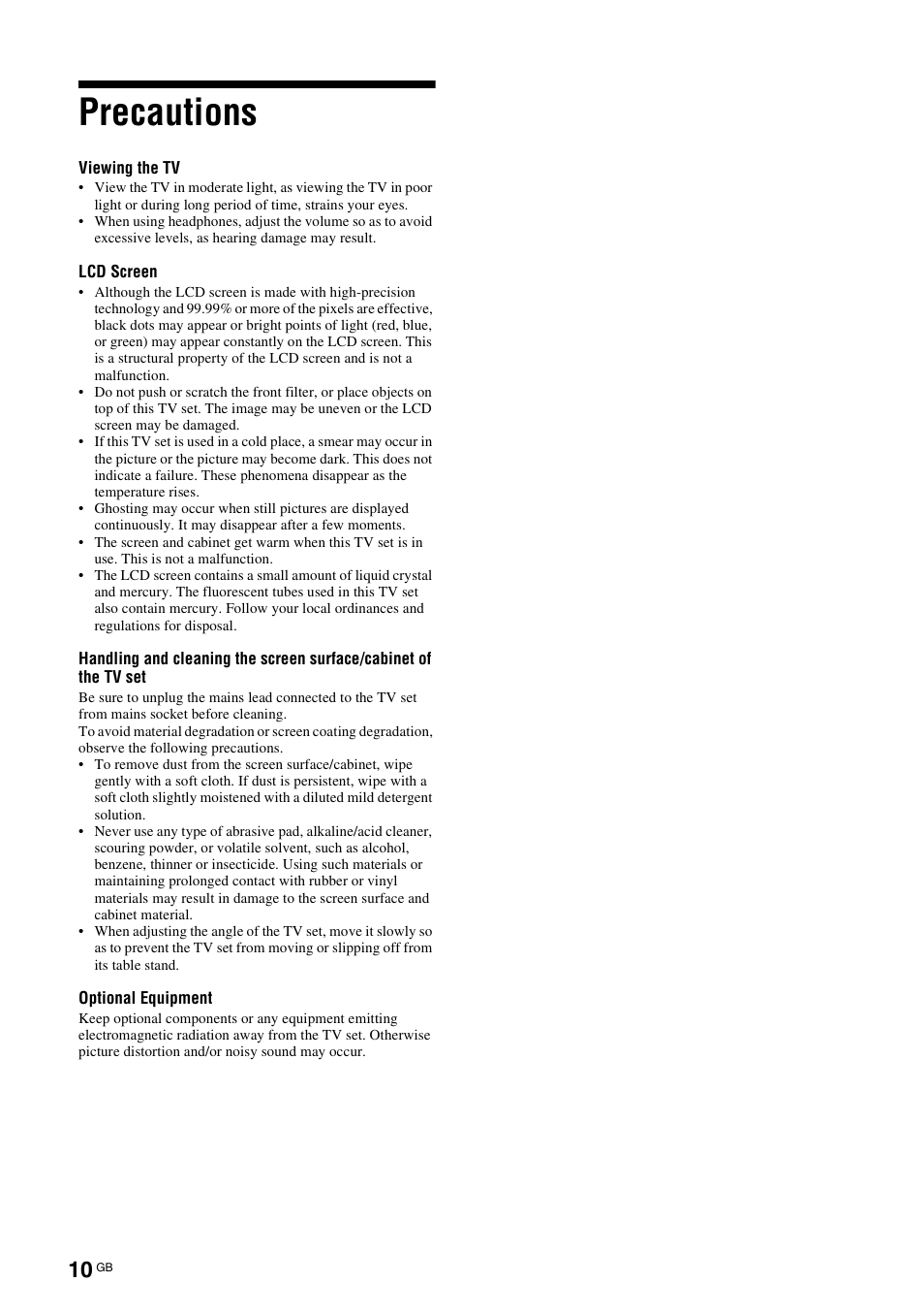 Precautions | Sony KDL-46D3550 User Manual | Page 176 / 300