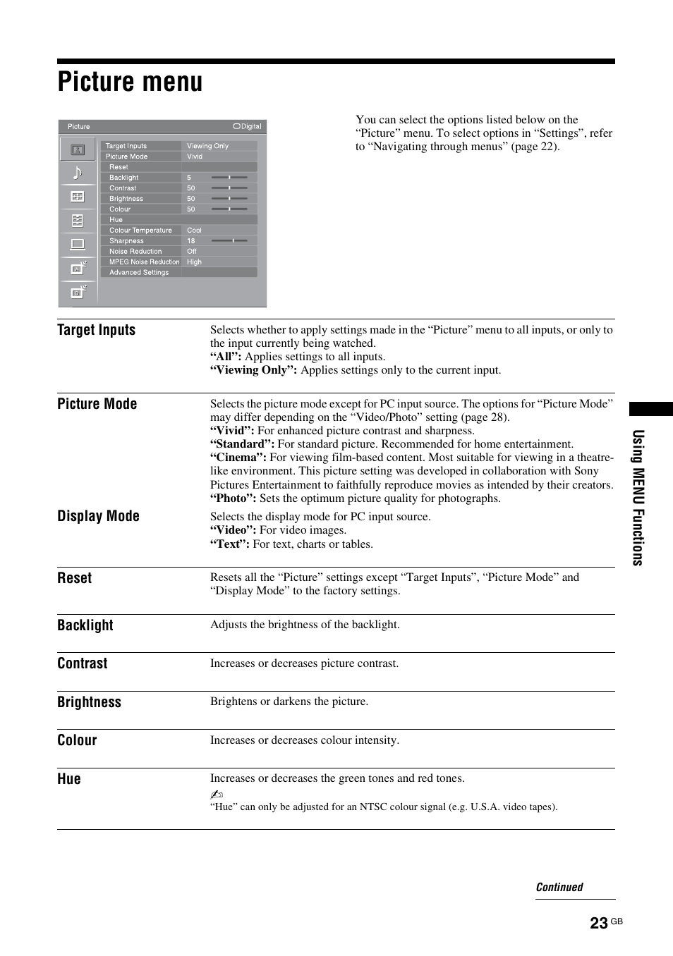 Picture menu | Sony KDL-46D3550 User Manual | Page 189 / 300
