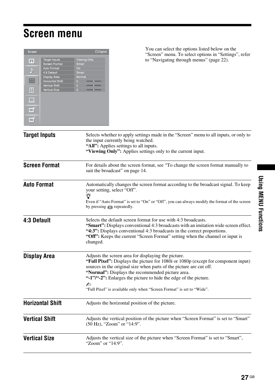 Screen menu | Sony KDL-46D3550 User Manual | Page 193 / 300