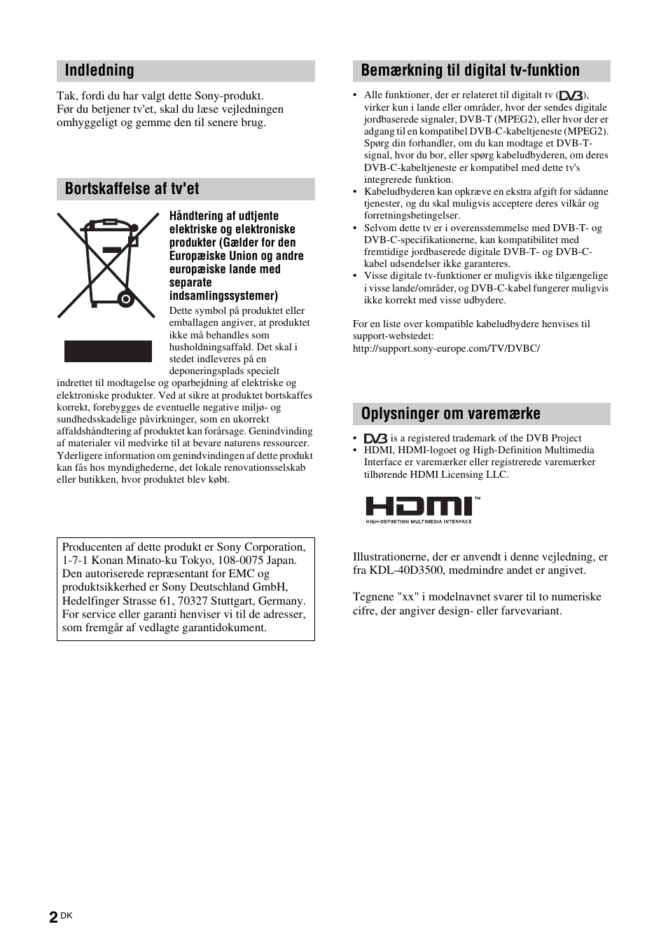Indledning bortskaffelse af tv'et | Sony KDL-46D3550 User Manual | Page 2 / 300