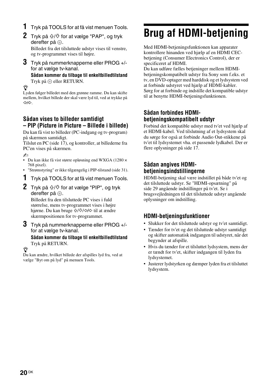 Brug af hdmi-betjening, Se side 20 | Sony KDL-46D3550 User Manual | Page 20 / 300