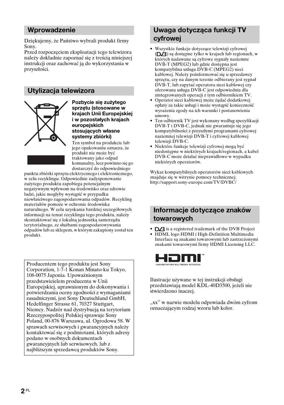 Wprowadzenie utylizacja telewizora | Sony KDL-46D3550 User Manual | Page 210 / 300