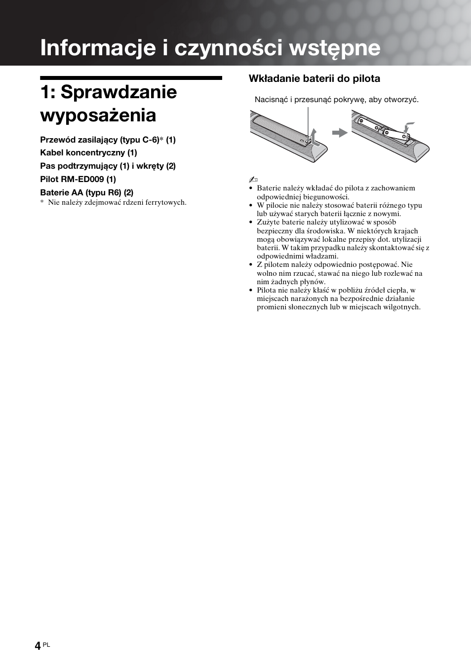 Informacje i czynności wstępne, Sprawdzanie wyposażenia | Sony KDL-46D3550 User Manual | Page 212 / 300