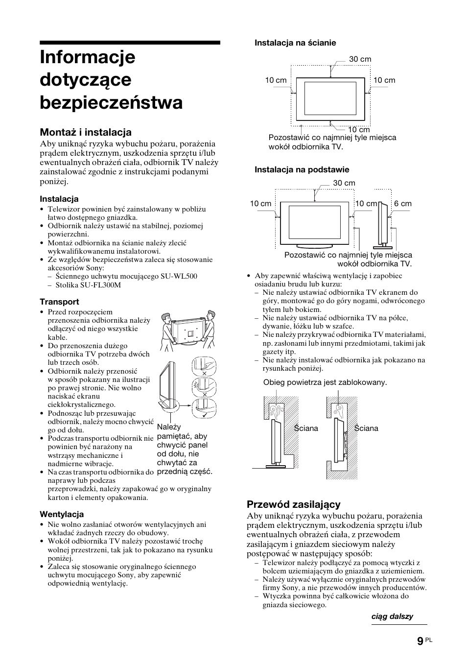 Informacje dotyczące bezpieczeństwa, Montaż i instalacja, Przewód zasilający | Sony KDL-46D3550 User Manual | Page 217 / 300