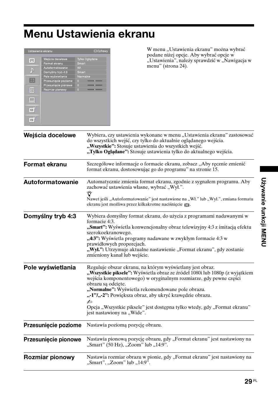 Menu ustawienia ekranu | Sony KDL-46D3550 User Manual | Page 237 / 300