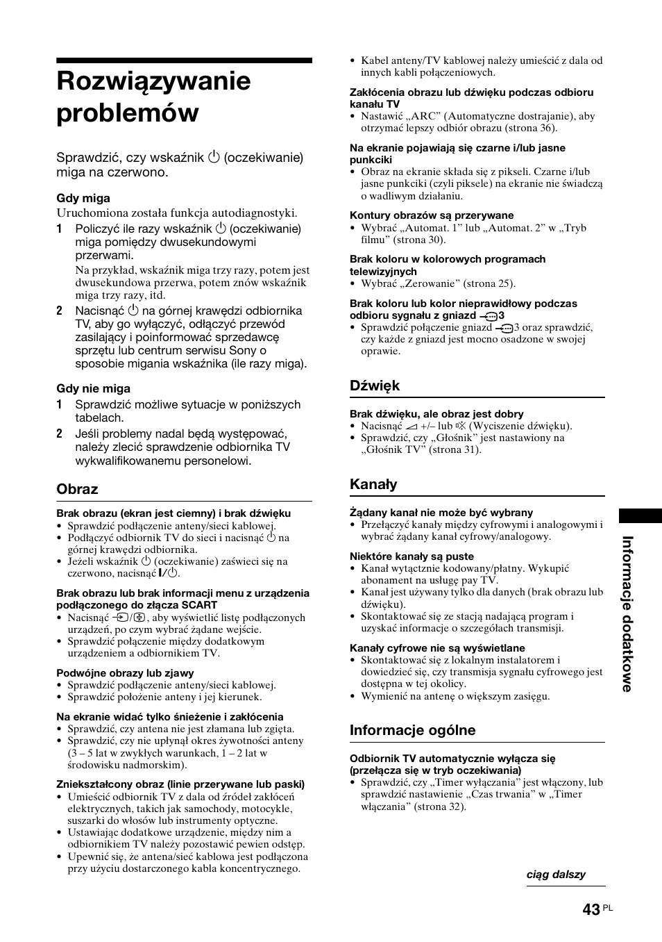 Rozwiązywanie problemów, Obraz, Dźwięk | Kanały, Informacje ogólne | Sony KDL-46D3550 User Manual | Page 251 / 300