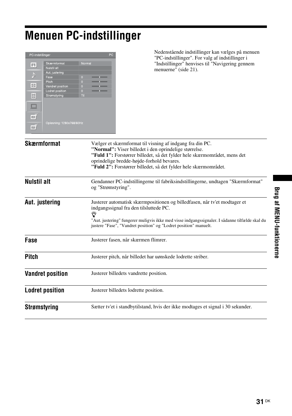 Menuen pc-indstillinger, Se side 31, Side 31) | Sony KDL-46D3550 User Manual | Page 31 / 300