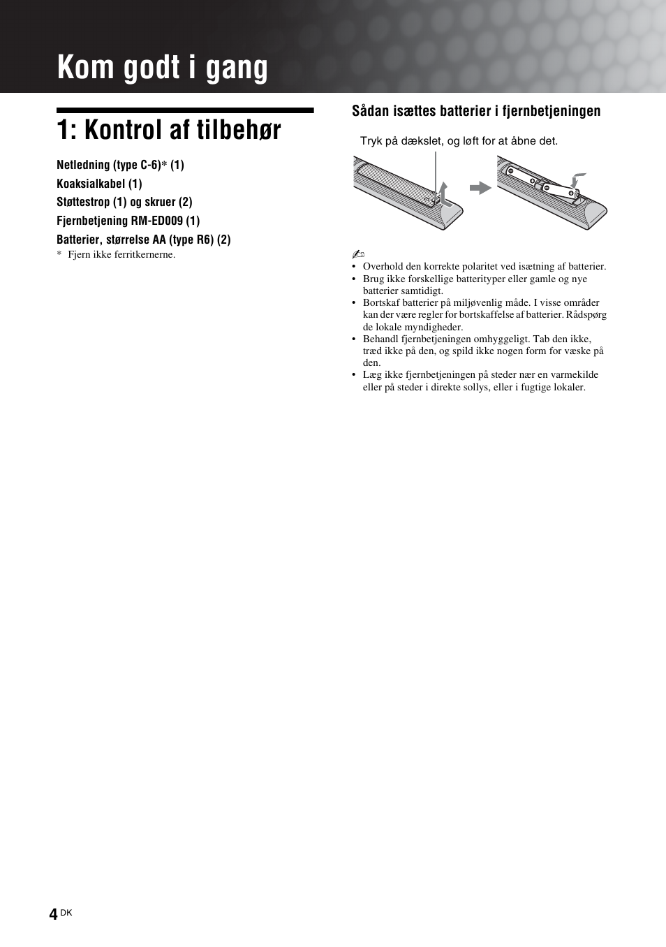 Kom godt i gang, Kontrol af tilbehør | Sony KDL-46D3550 User Manual | Page 4 / 300