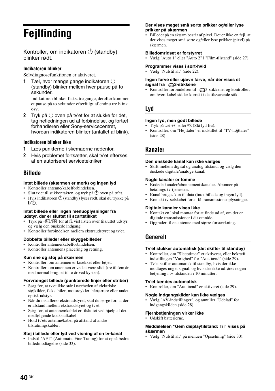 Fejlfinding, Billede, Kanaler | Generelt | Sony KDL-46D3550 User Manual | Page 40 / 300