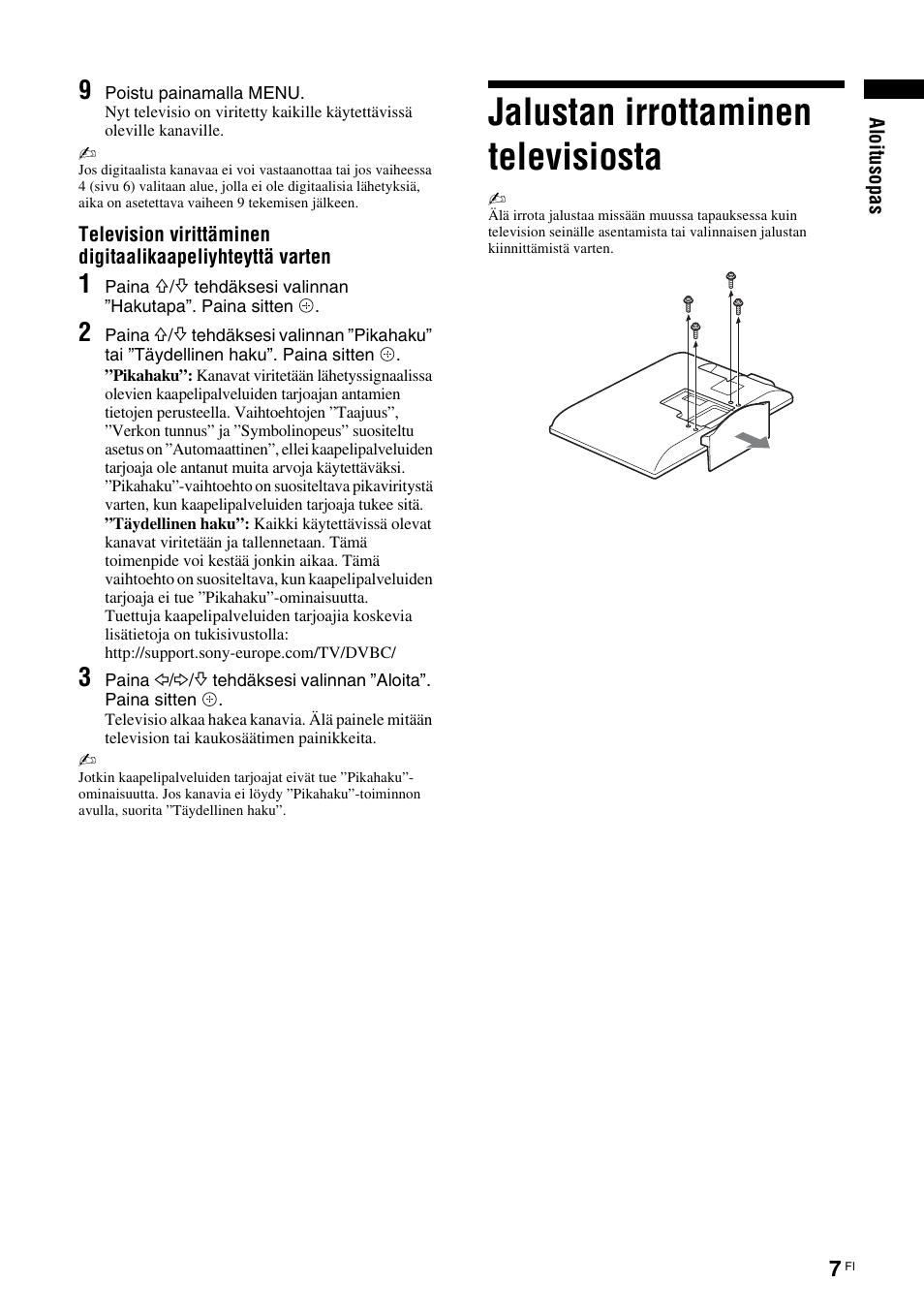 Jalustan irrottaminen televisiosta | Sony KDL-46D3550 User Manual | Page 47 / 300