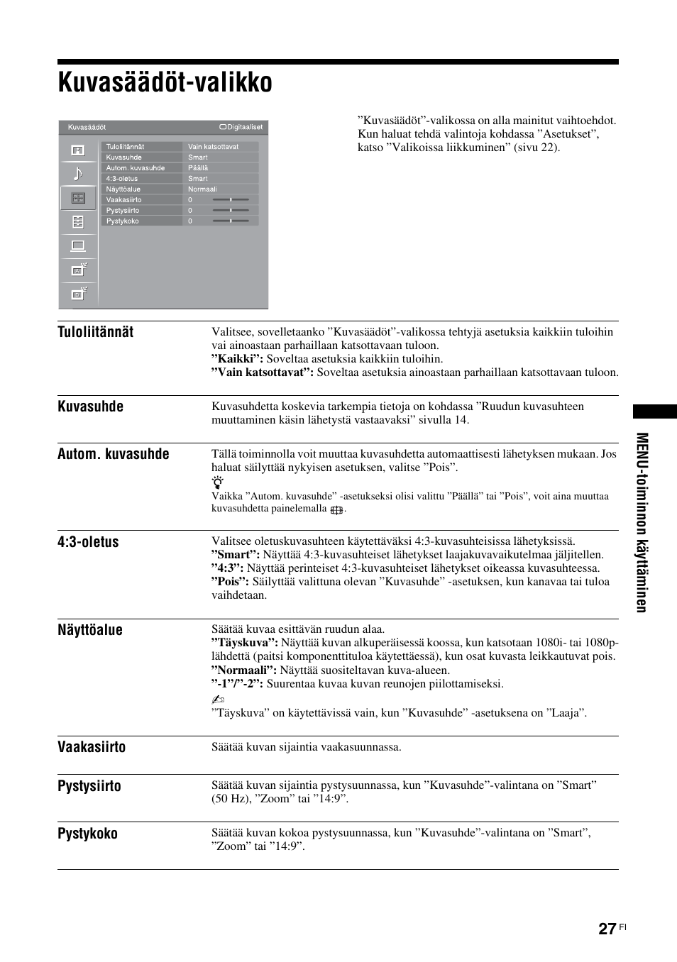 Kuvasäädöt-valikko, Sivu 27) | Sony KDL-46D3550 User Manual | Page 67 / 300