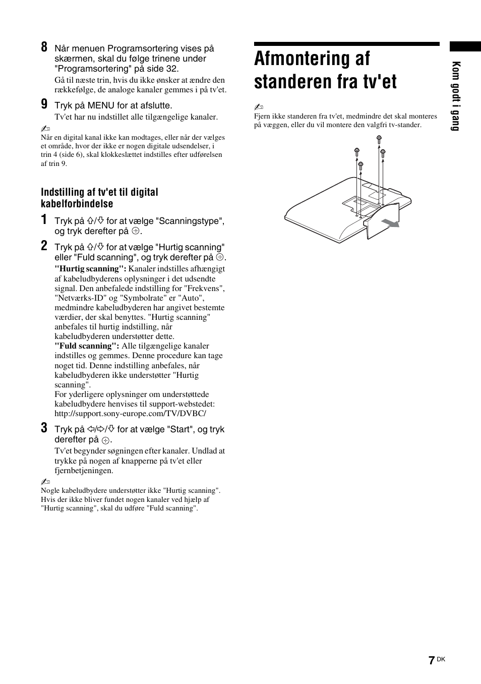 Afmontering af standeren fra tv'et | Sony KDL-46D3550 User Manual | Page 7 / 300