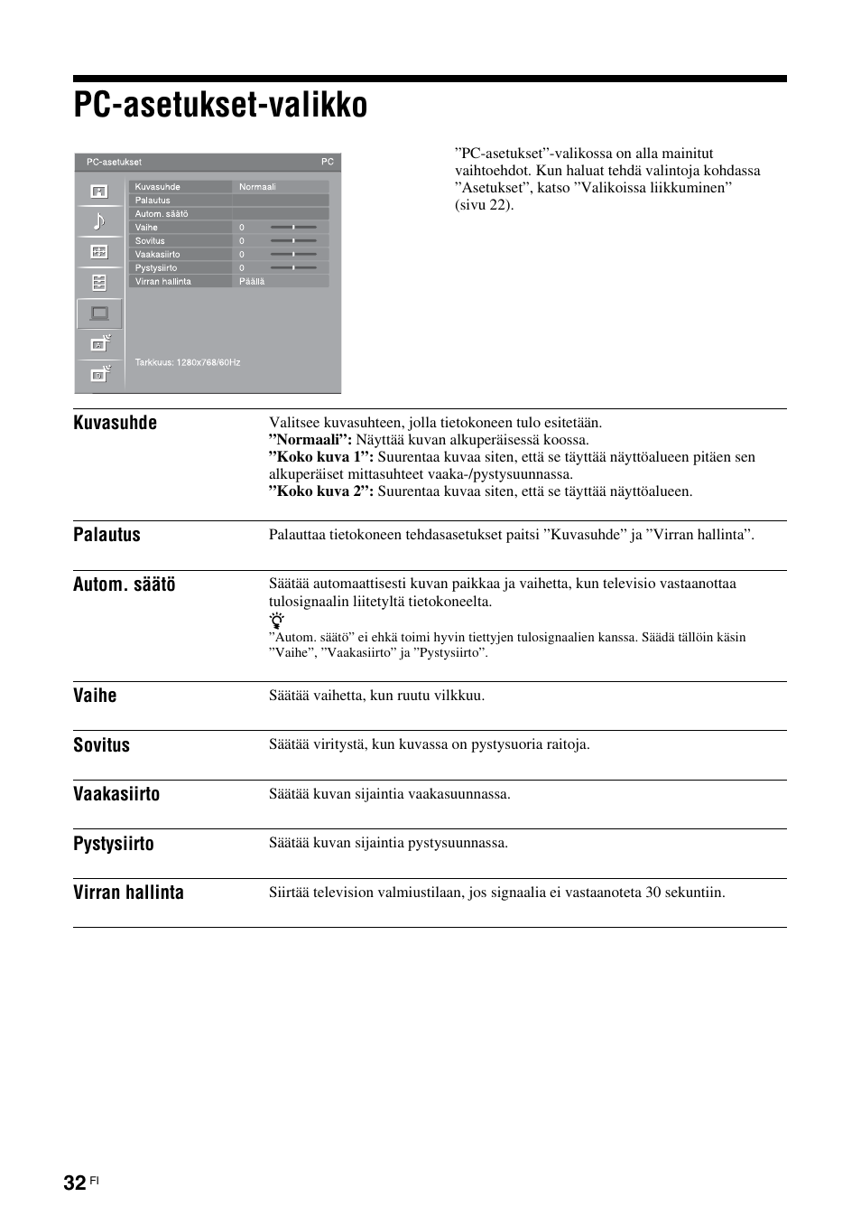 Pc-asetukset-valikko, Katso sivua 32, Sivu 32) | Sony KDL-46D3550 User Manual | Page 72 / 300