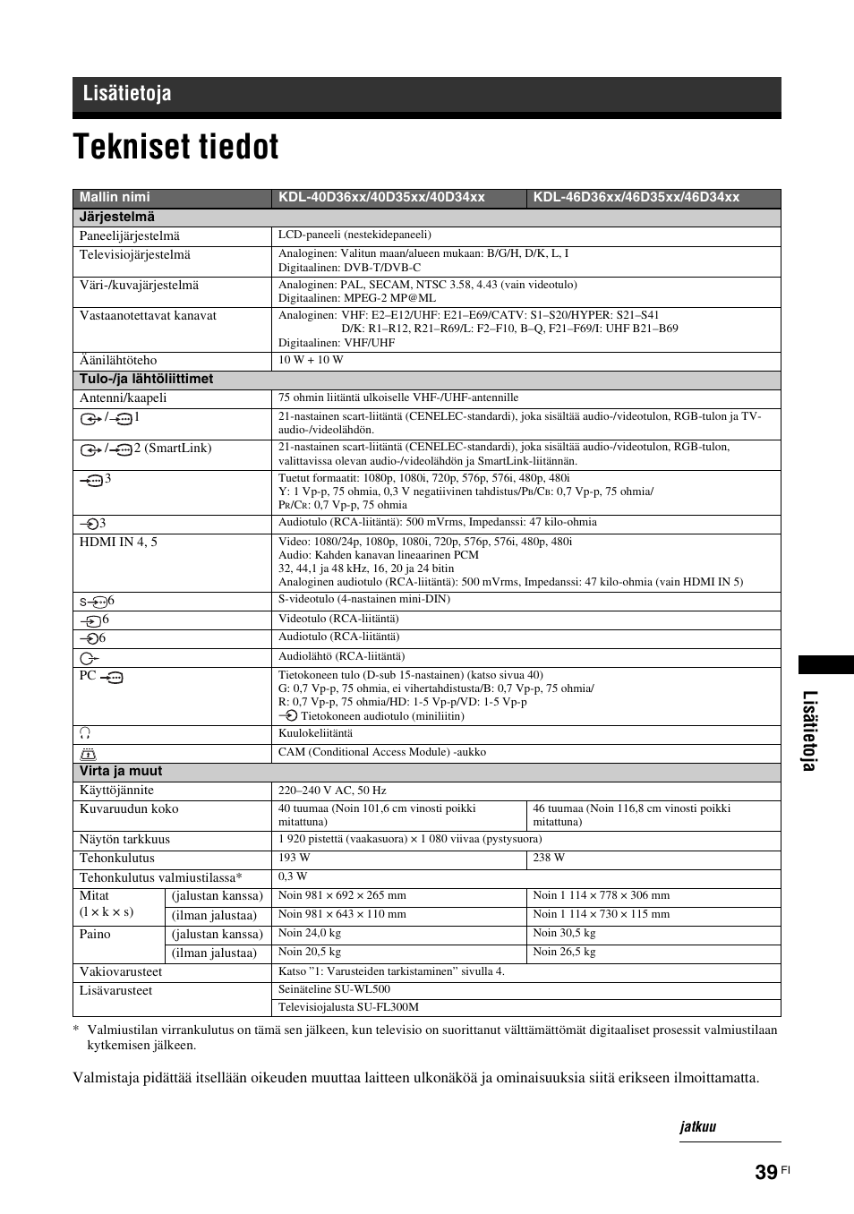 Lisätietoja, Tekniset tiedot, Li sä ti eto ja | Sony KDL-46D3550 User Manual | Page 79 / 300