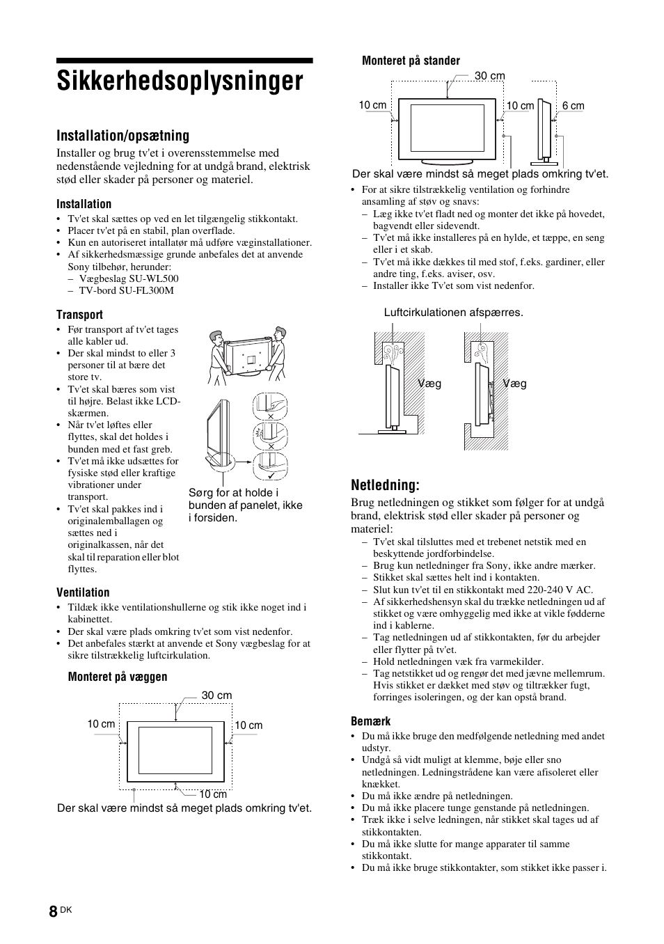 Sikkerhedsoplysninger, Installation/opsætning, Netledning | Sony KDL-46D3550 User Manual | Page 8 / 300