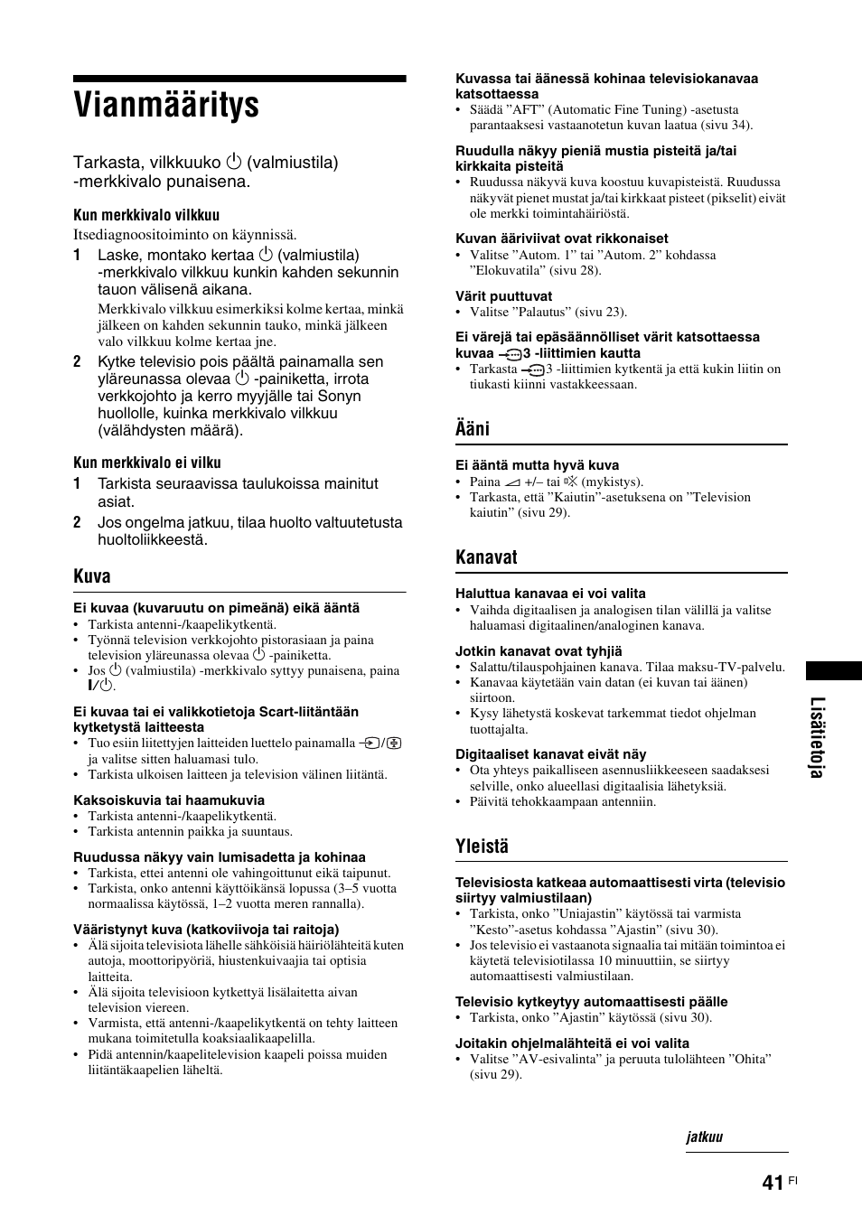 Vianmääritys, Li sä ti eto ja, Kuva | Ääni, Kanavat, Yleistä | Sony KDL-46D3550 User Manual | Page 81 / 300