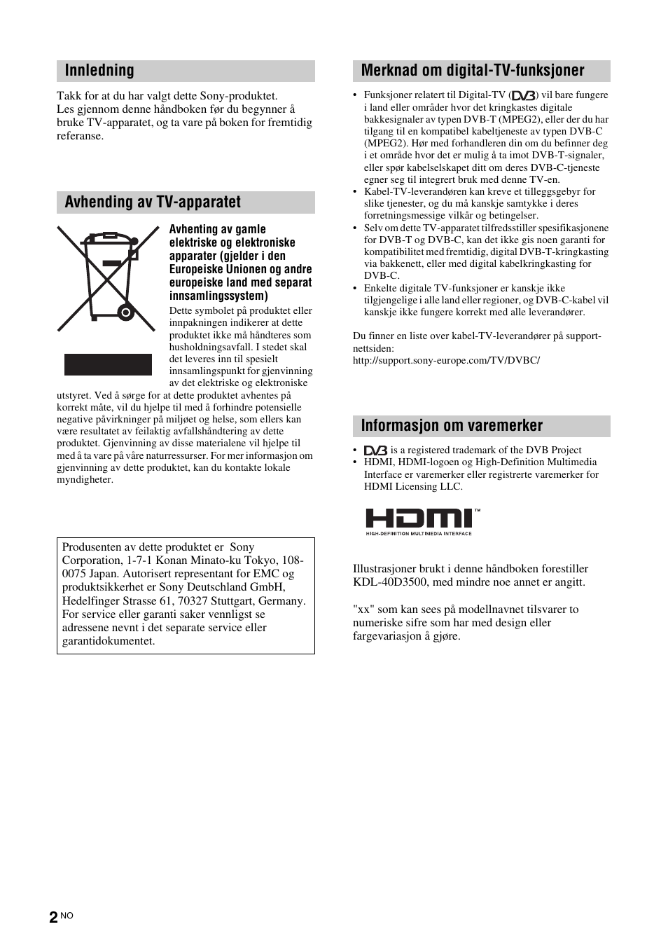 Innledning avhending av tv-apparatet | Sony KDL-46D3550 User Manual | Page 84 / 300