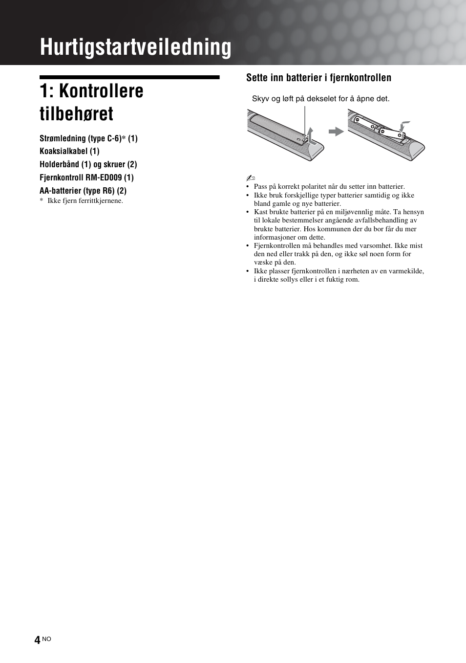 Hurtigstartveiledning, Kontrollere tilbehøret | Sony KDL-46D3550 User Manual | Page 86 / 300