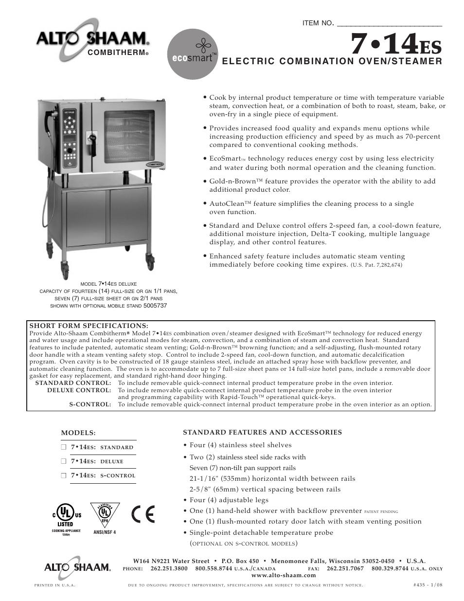 Alto-Shaam 7.14ES User Manual | 6 pages