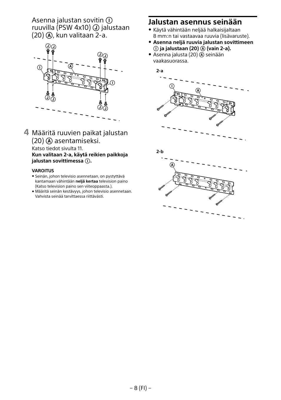 Jalustan asennus seinään | Sony KD-65X8505B User Manual | Page 108 / 292