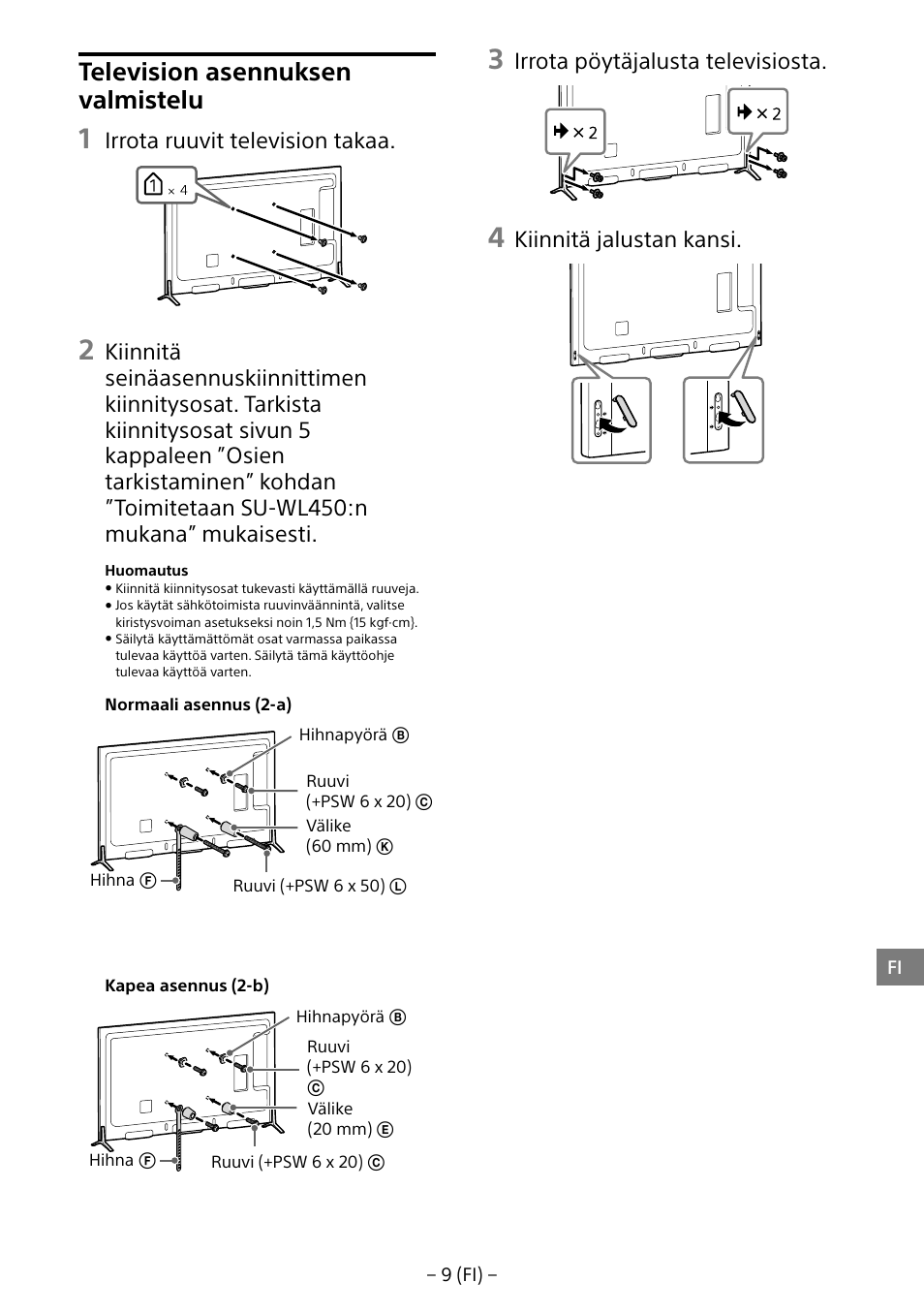 Television asennuksen valmistelu, Irrota ruuvit television takaa, Irrota pöytäjalusta televisiosta | Kiinnitä jalustan kansi | Sony KD-65X8505B User Manual | Page 109 / 292