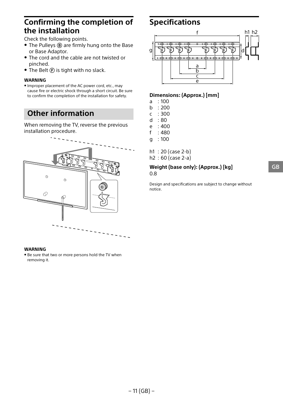 Confirming the completion of the installation, Other information, Specifications | Sony KD-65X8505B User Manual | Page 11 / 292