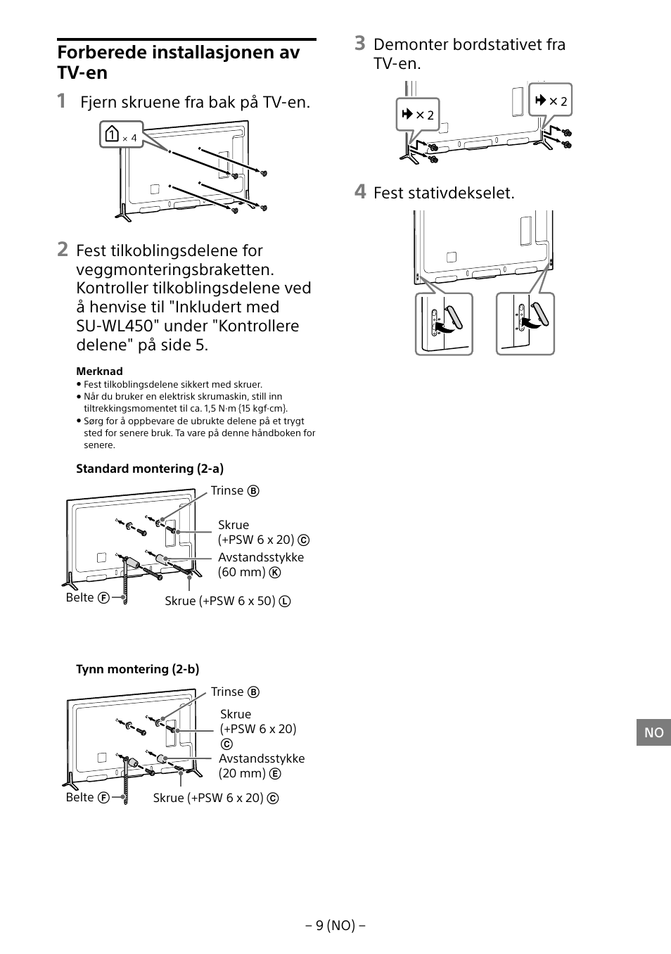 Forberede installasjonen av tv-en, Fjern skruene fra bak på tv-en, Demonter bordstativet fra tv-en | Fest stativdekselet | Sony KD-65X8505B User Manual | Page 119 / 292