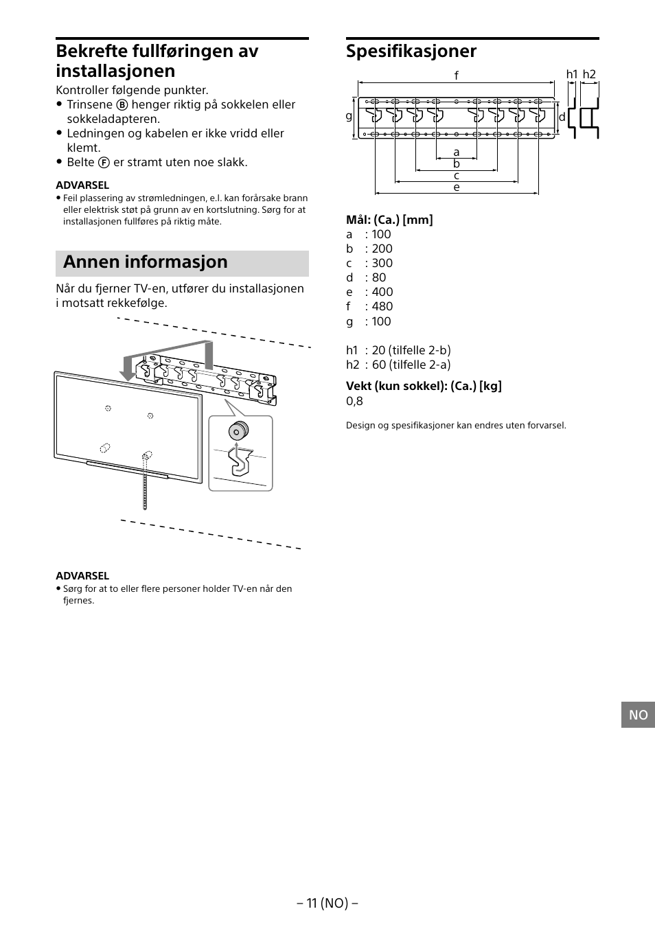 Bekrefte fullføringen av installasjonen, Annen informasjon, Spesifikasjoner | Sony KD-65X8505B User Manual | Page 121 / 292