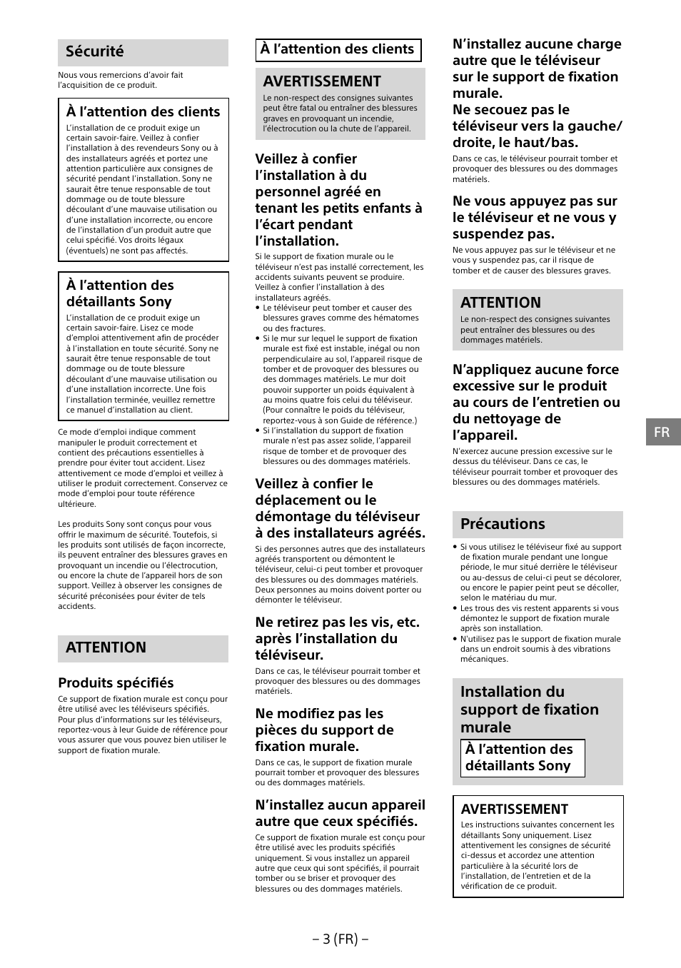 Sécurité, Attention, Avertissement | Précautions, Installation du support de fixation murale, 3 (fr), À l’attention des clients, À l’attention des détaillants sony, Produits spécifiés, À l’attention des détaillants sony avertissement | Sony KD-65X8505B User Manual | Page 13 / 292