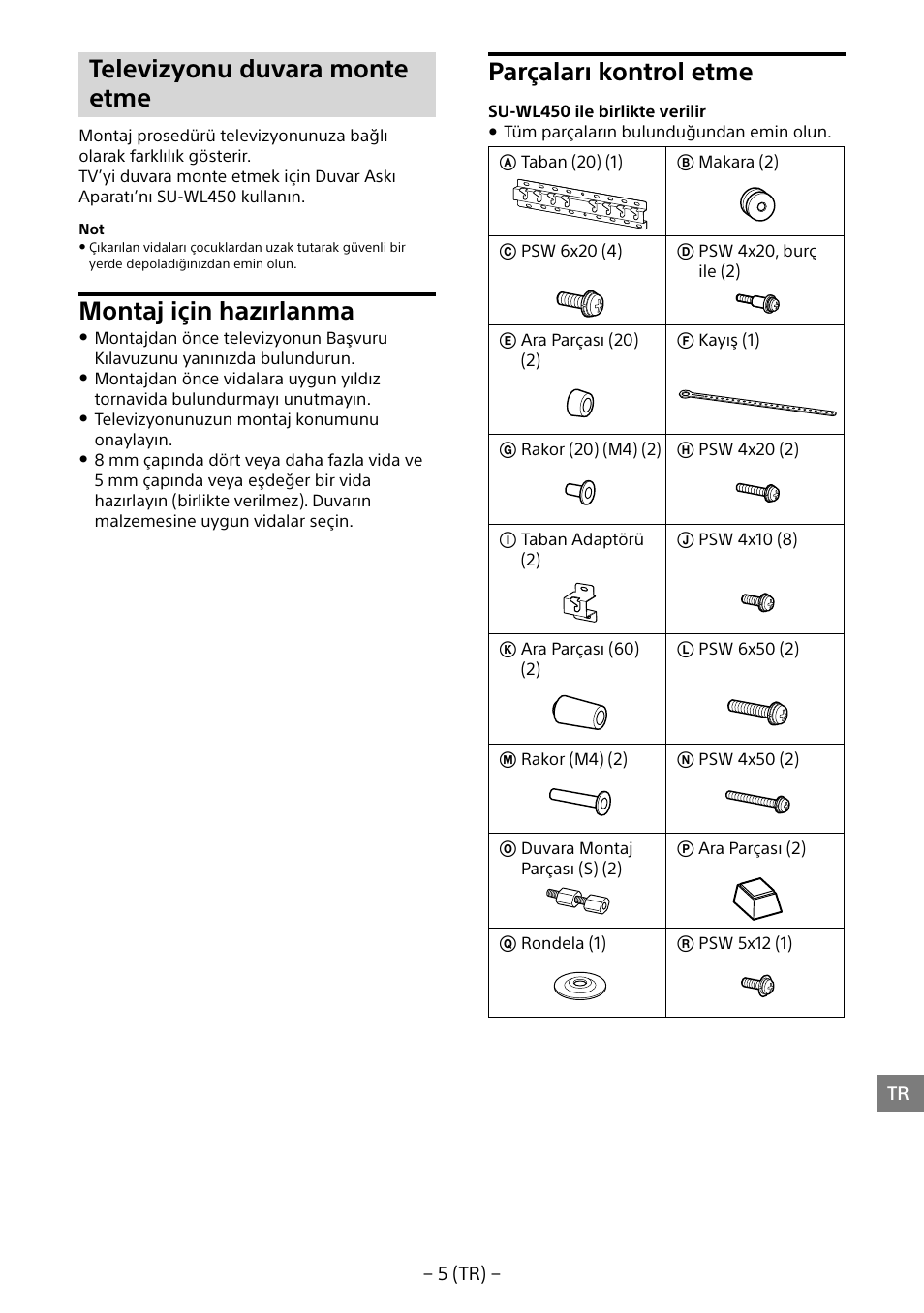 Televizyonu duvara monte etme, Montaj için hazırlanma, Parçaları kontrol etme | Sony KD-65X8505B User Manual | Page 135 / 292