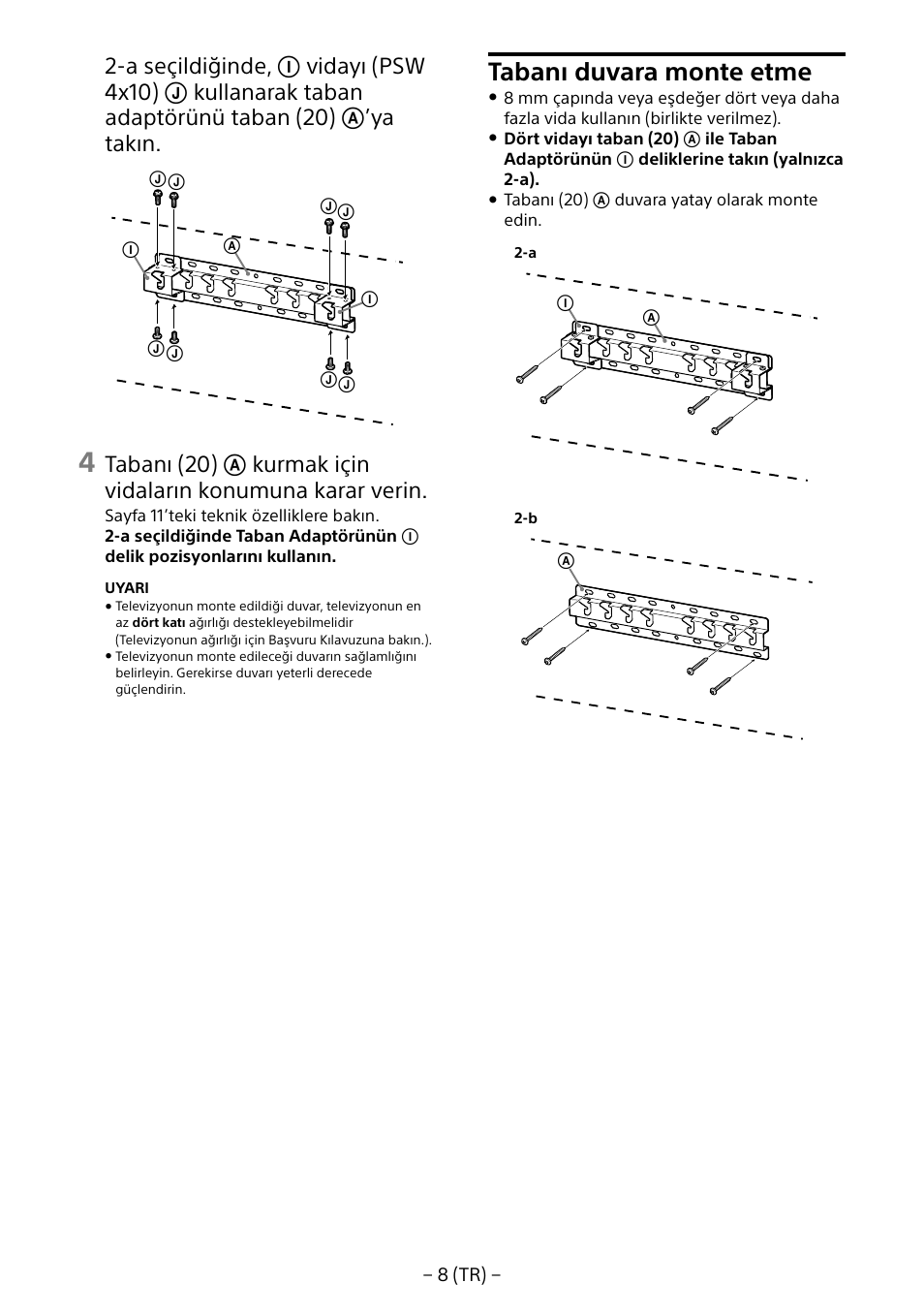 Tabanı duvara monte etme | Sony KD-65X8505B User Manual | Page 138 / 292