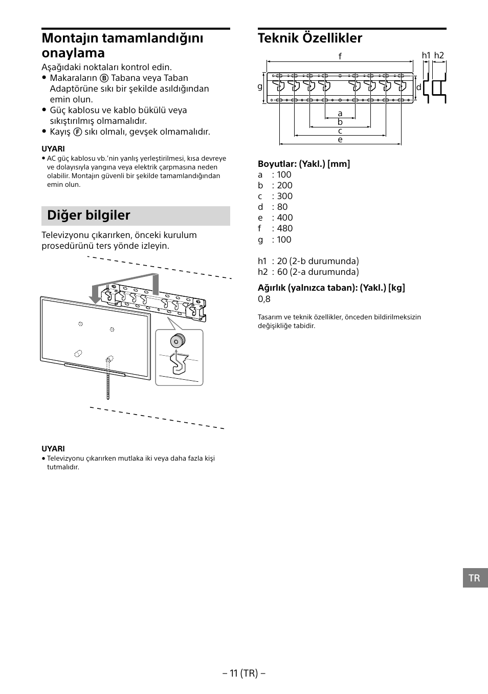 Montajın tamamlandığını onaylama, Diğer bilgiler, Teknik özellikler | Sony KD-65X8505B User Manual | Page 141 / 292